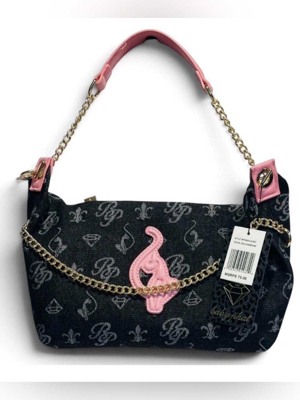 Baby Phat Pink Accent Black Logo-Print Shoulder Bag